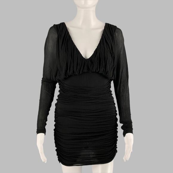 SAINT LAURENT Size 2 Black Cupro Ruched Long Sleeve Mini Cocktail Dress - Picture 1 of 9